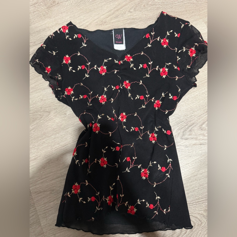 Wrapper Black Top with Red Floral Design whimsygoth Y2K vintage